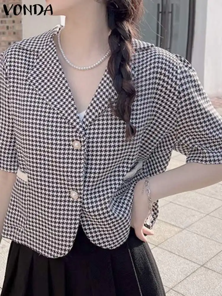 

VONDA Women Shirts 2023 Summer Short Sleeve Blouse Buttons Suit Collar Elegant Printed Tops Casual Loose Pockets OL Blusas Femme
