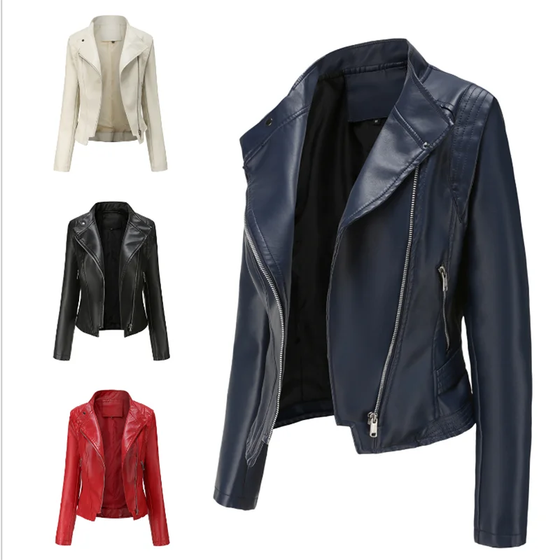 Women's Leather Jackets Slim-fit Leather Jackets Wind-resistant Zippered Red Motorcycle Jackets Elegantly Wear Women's Jackets