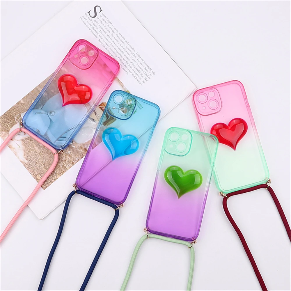 

Crossbody Lanyard 3D Gradient Love Heart Transparent Phone Case For iPhone 13 11 12 Pro Max Luxury Necklace Cord Colorful Cover