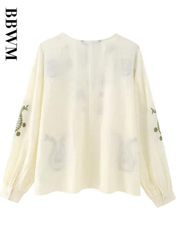 Embroidery Print Women Blouse Chic O Neck Shirt Chic Female Vintage Long Sleeve Loose Tops Women Spring Shirts and Blouses Woman