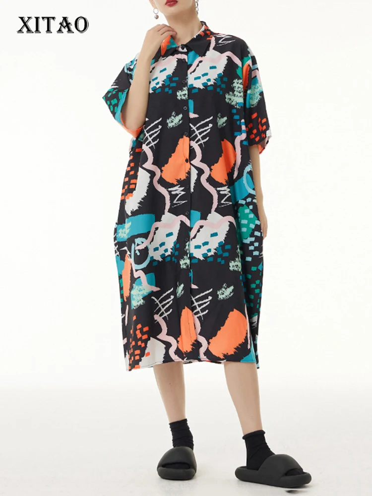 

XITAO, Повседневное платье-рубашка с принтом, свободное, модное, контрастный цвет, женское однобортное платье, лето 2023, простота, новинка DMJ1656