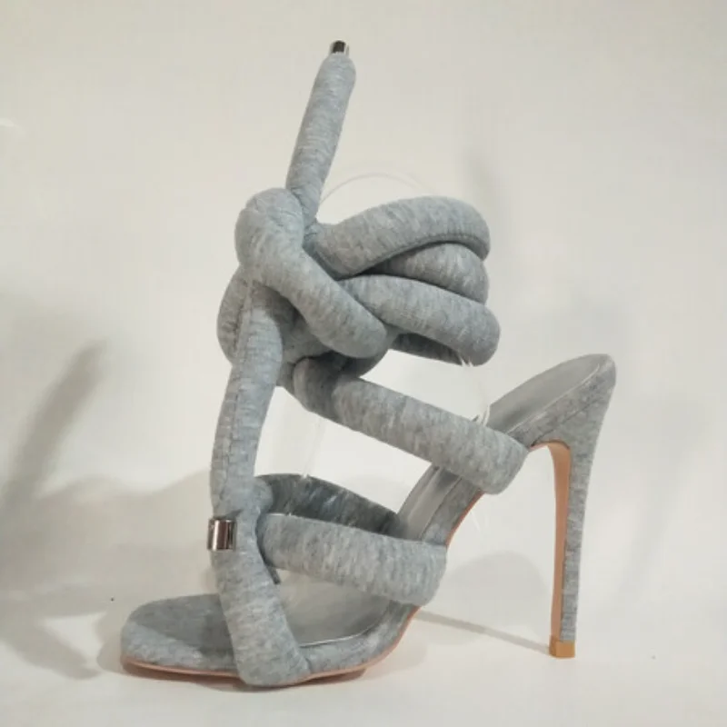 Europe and The United States New Square Toe with Crossed Ankles Around The Catwalk Sandals Stretch Denim Bright Leather Sandals