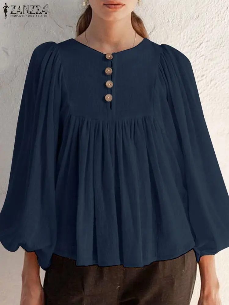 

ZANZEA Oversized Pleated A Line Big Hem Blouse 2023 Autumn Women Sweety Long Puff Sleeve Blusas Loose Half-breasted Tops Tunic