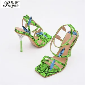 Women Party Shoes Ankle Buckle Strap Transparent Crystal Heels Fashion Leaves Design Green Snake Print Summer Sandals SIZE 36 42