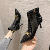 fall new womens ankle boots stiletto high heel pointed metal chain rhombus pu leather office pumps side zipper ladies shoes