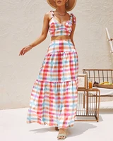 sexy sleeveless tops high waist skirts two piece set women colorful plaid shoulder bow short vest skirt suit 2022 summer new