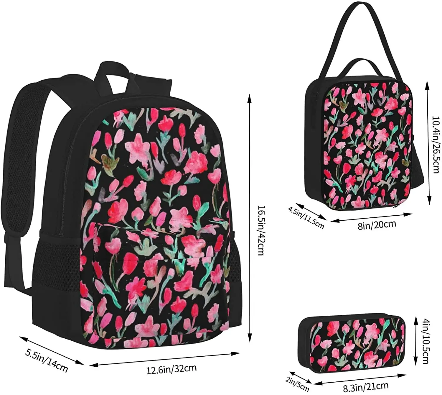 Abstract Flowers On Black Backpack Set 3-Piece Teen Boys Girls Backpack Messenger Lunch Bag Pencil Case Set