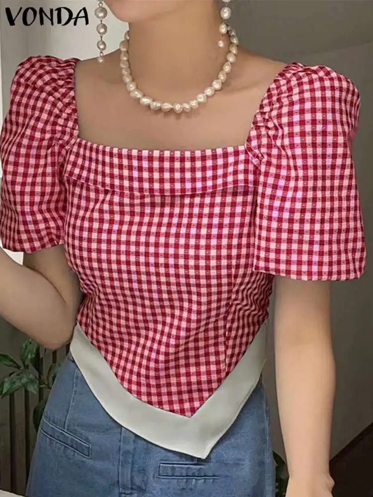 

Модная клетчатая блузка VONDA, элегантные женские топы 2023, летние блузки с коротким рукавом-фонариком, повседневные блузки в стиле пэчворк с бантом на спине