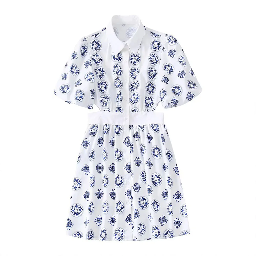 

DiYiG Women 2022 New Fashion Print Dress Retro Back Bow Short Sleeve Single Breasted High Waist Female Dress Vestidos Mujer