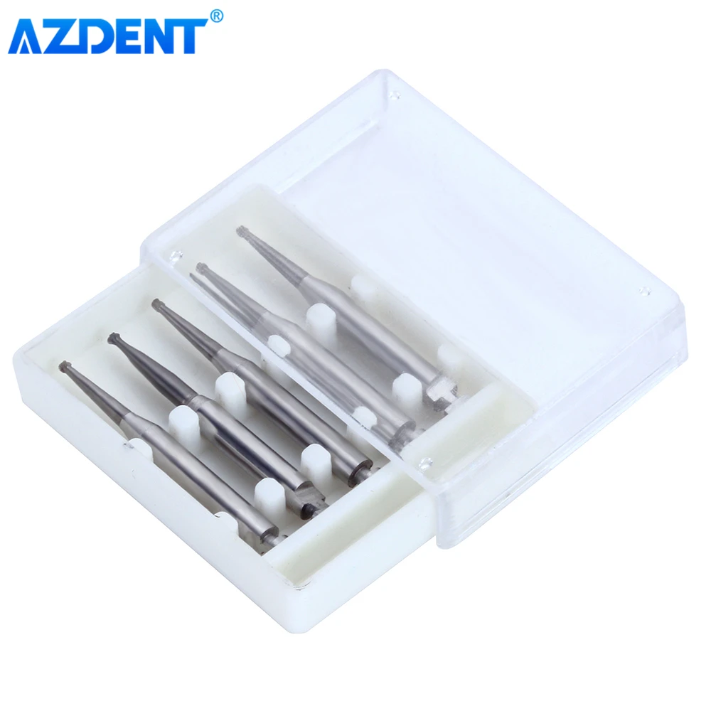 AZDENT-fresas de carburo de tungsteno de 5 unids/caja para laboratorio Dental, fresas de acero redondas de baja velocidad, longitud RA de 22,5mm, diámetro del vástago de 2,35mm