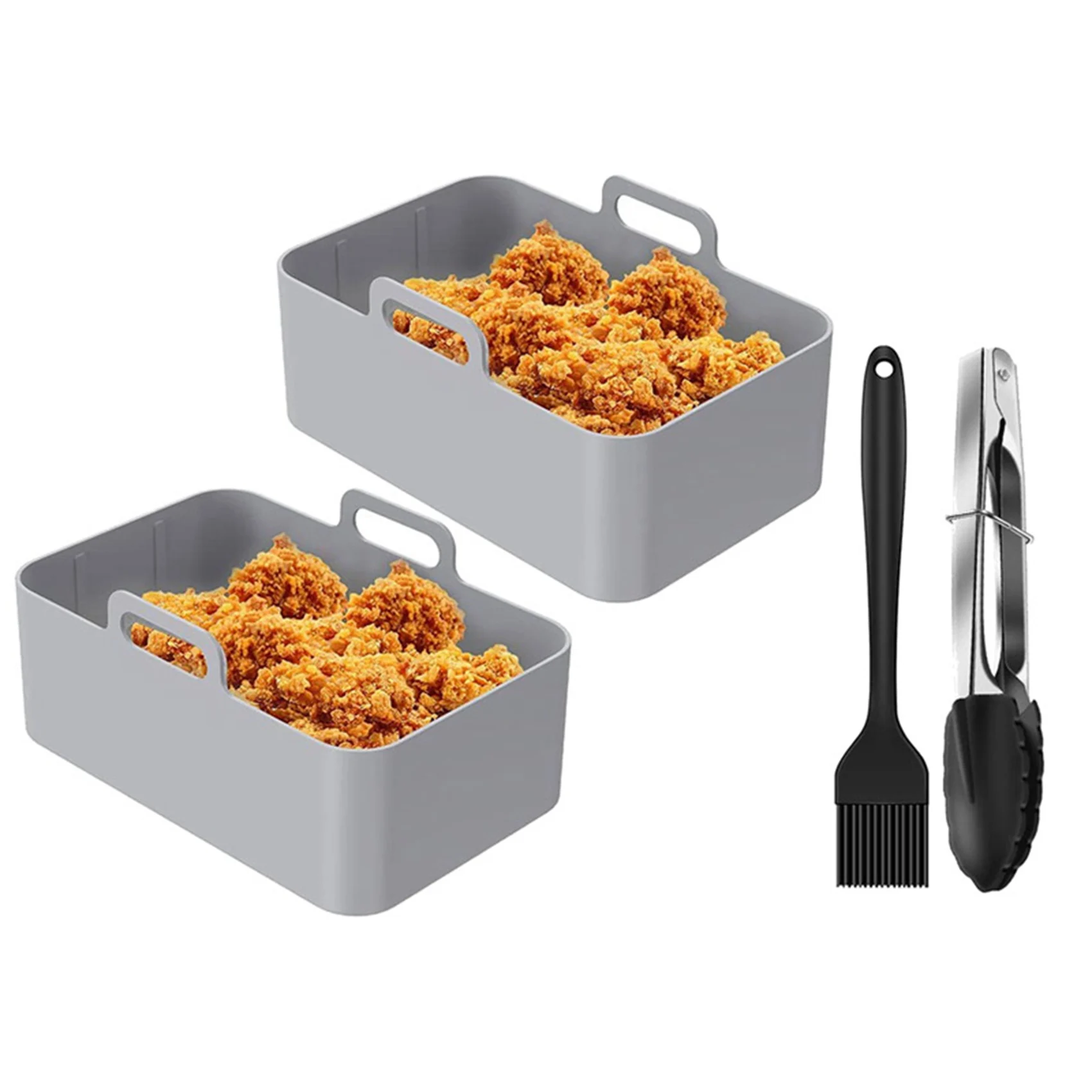 

2PCS Silicone Pot for Dual Air Fryer, Reusable Air Fryer Liner with Oil Brush Clip, Air Fryer Basket Air Fryer Grey
