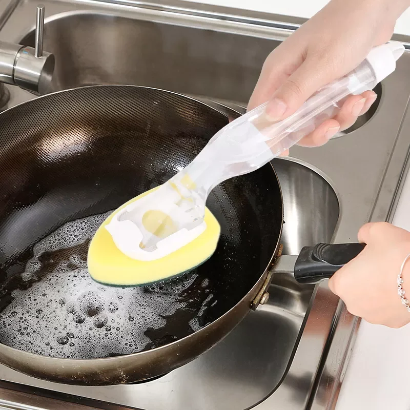 

NEW2022 Replaceable Cleaning Brush With Refill Liquid Handle Scouring Pad Sponge Brush Dispenser Dish Scrubber Home Dishwashing