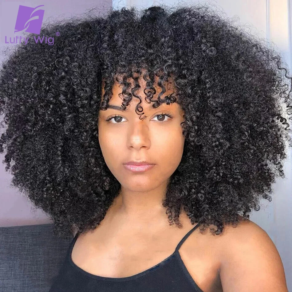 Short Fringe Kinky Curly Bob Wigs With Bangs for Women Remy Brazilian Human Hair Full Machine Made Wig 200 Density Afro Wig