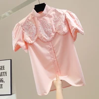 fashion irregular crumpled puff sleeve shirt lace embroidered single breasted shirts women western versatile summer blouse top