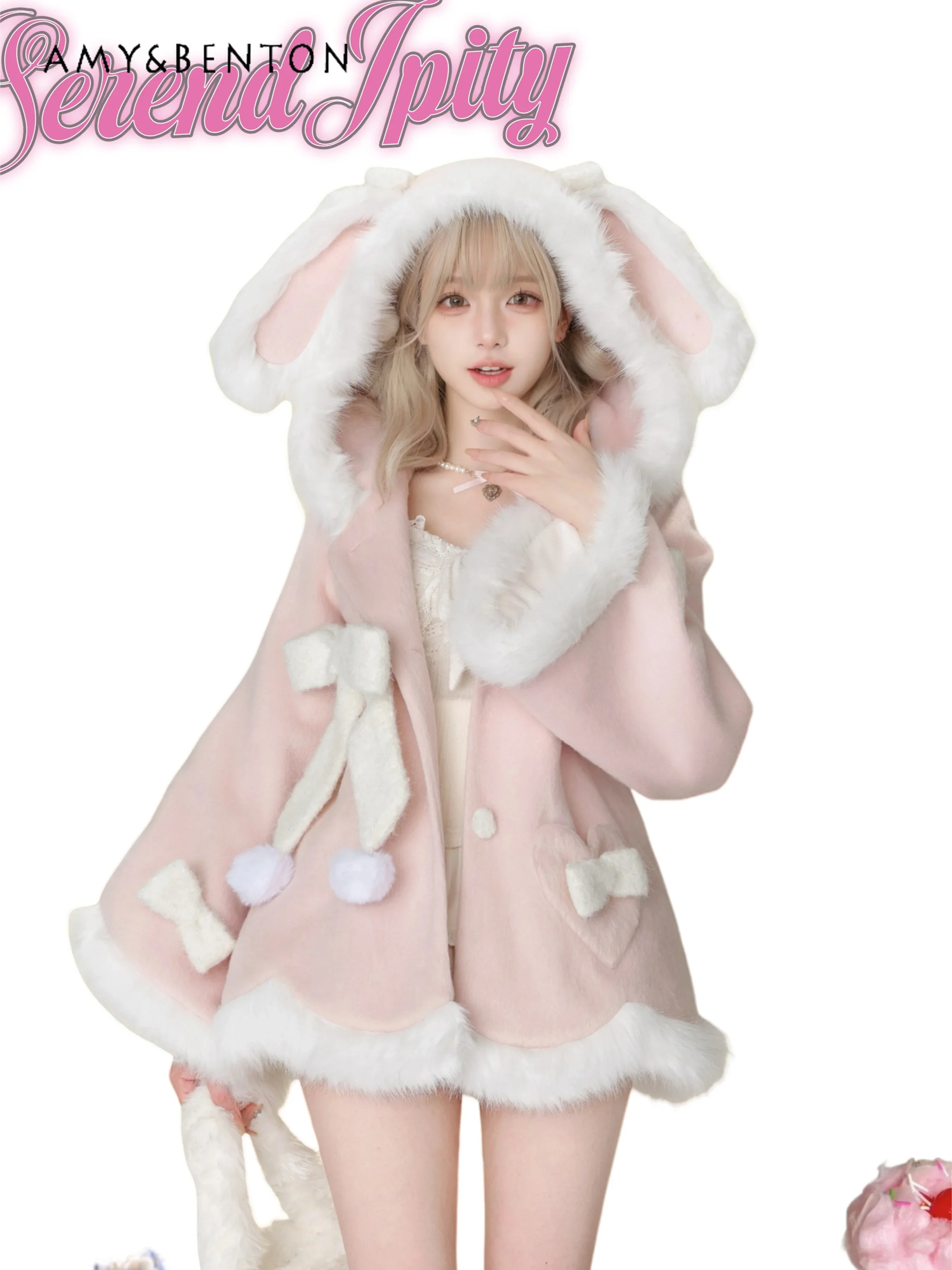 Розовое шерстяное пальто с капюшоном Sweet Girl Cute Cat Ears + вязаные кружевные подтяжки