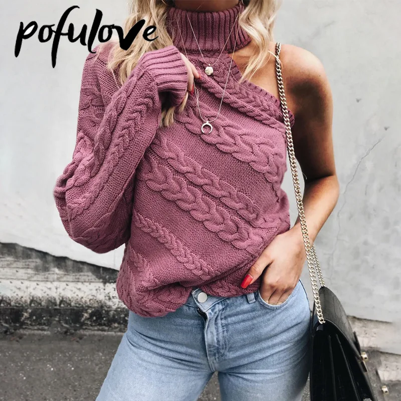 

Sweater Women Turtleneck Y2k Pullover Sexy Off-the-shoulder Tops Single-sleeve Twist Knitwear Gothic Trendy Simplee Pink Sweater