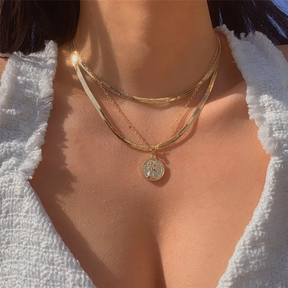 

Fashion Gold Color Flat Snake Chain Human Head Coin Pendant Necklace For Women Vintage Boho Choker Multilevel Jewelry Gift