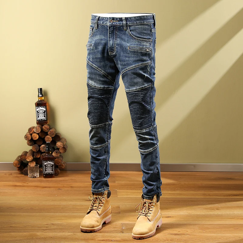 High Street Fashion Men Jeans Vintage Blue Elastic Skinny Retro Ripped Jeans Men Spliced Designer Hip Hop Biker Pants Hombre