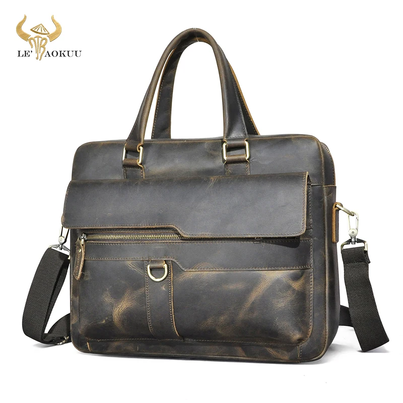 Crazy Horse Leather Retro Design Travel Business Executive Briefcase Laptop Case For Men Male Messenger Bag Portfolio Tote B261