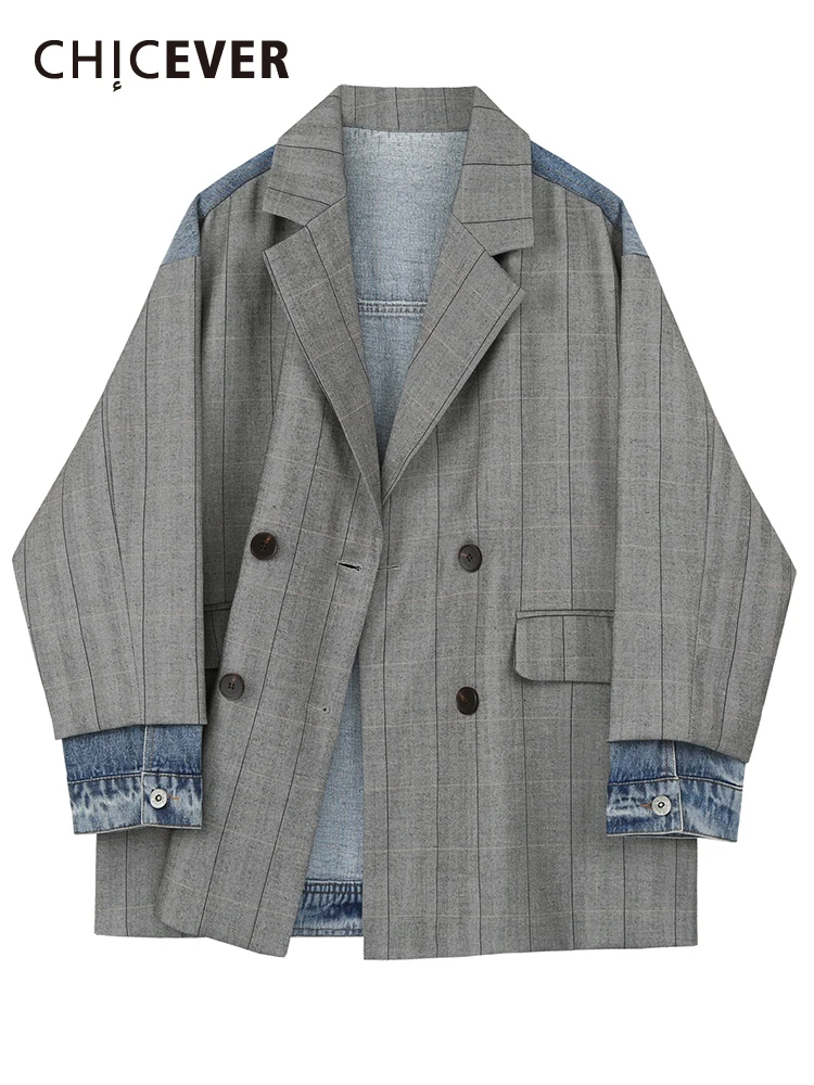 

CHICEVER High Street Patchwork Denim Blazer Coats For Women Notched Collar Long Sleeve Double Breasted Coat Female Spring 2022