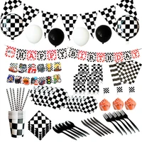 racing car driving disposable tableware black white tablecloth banner paper plates cup napkin set boy birthday party decor ball