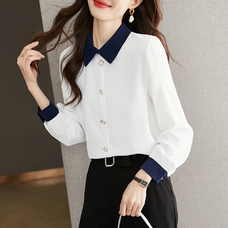 

Шифоновая повседневная женская рубашка свободные модные лоскутные блузки весенне-летняя женская одежда с отложным воротником Топы с длинным рукавом