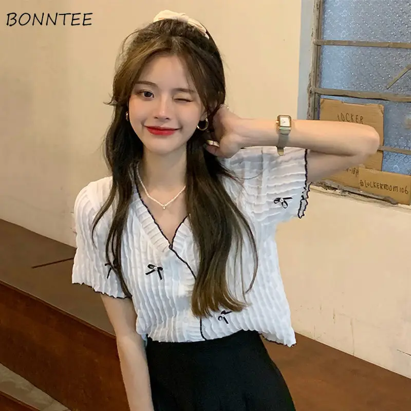 

Рубашки женские летние простые милые короткие топы для школьниц повседневные новые модные облегающие универсальные дизайнерские в Корейском стиле Харадзюку С V-образным вырезом