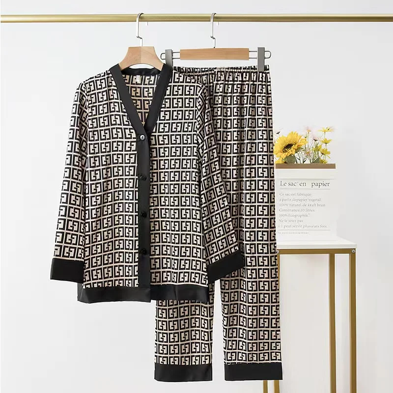 

Свободная Пижама с рукавами, длинные модные роскошные женские пижамы, женские шелковые ледяные брюки из двух частей, домашняя одежда, повсе...