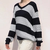girls vintage cotton sweaters 2022 autumn fashion ladies striped v neck sweater oversized women chic outfits loose pullovers