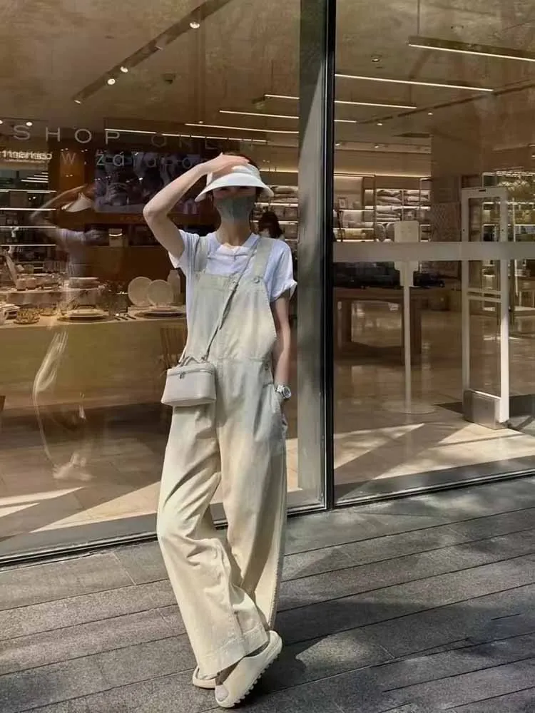 

Женский свободный комбинезон на пуговицах, повседневный винтажный комбинезон с широкими лямками и боковыми карманами, 2023