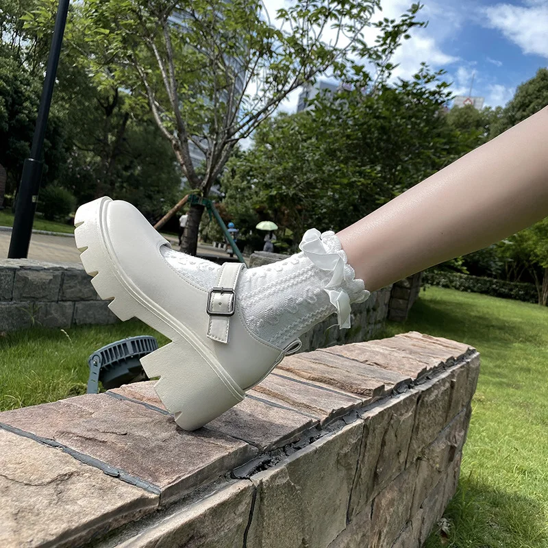 Fashion Leather Shoes Women's 2022 New White Mary Jane Shoes Women Pumps Thick-soled Thick-heeled High-heeled Zapatos De Mujer