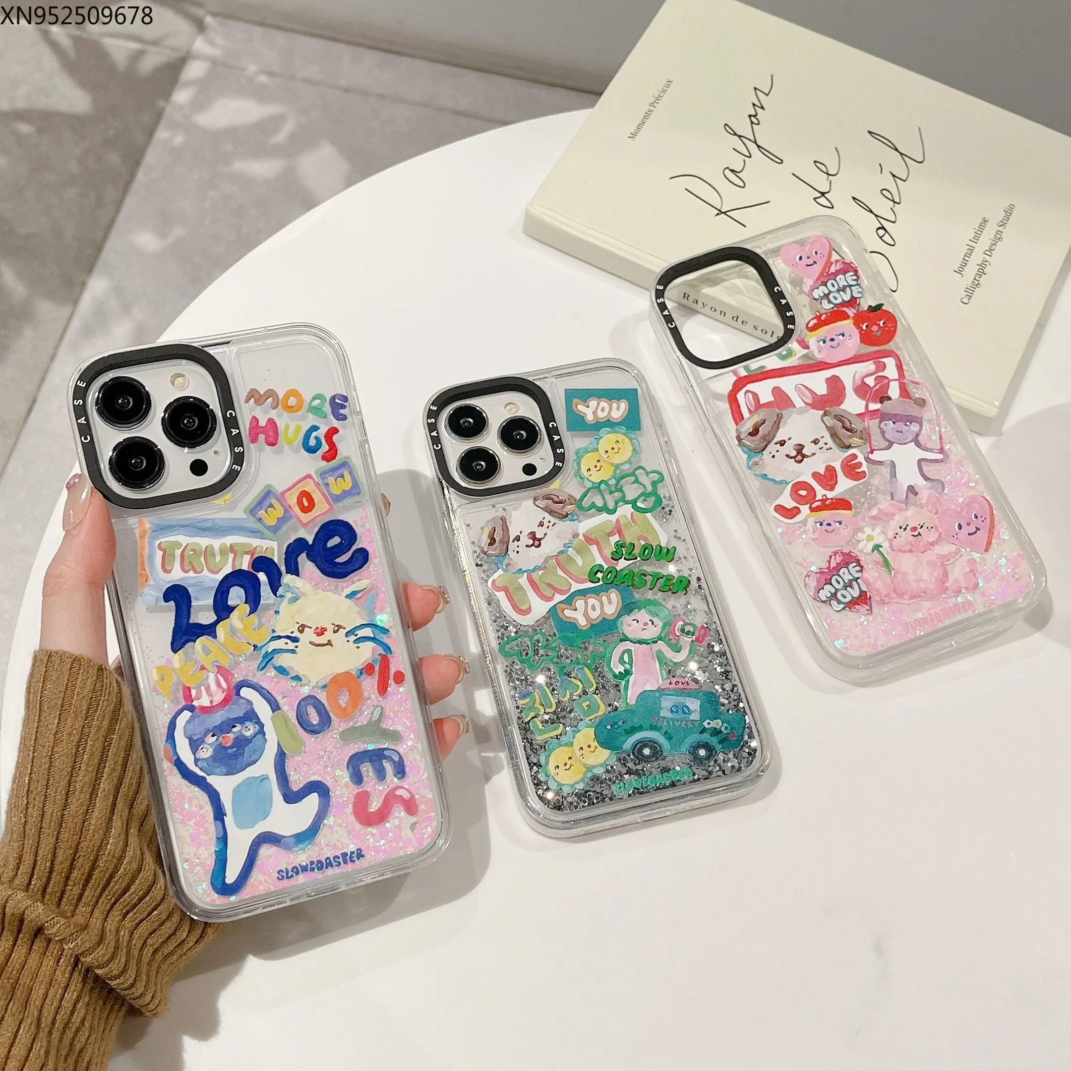 

Korea Cute SLOW Cartoon Oil Painting Doll Cat Case iPhone 13 12 mini 11 Pro X XR XS MAX 7 8 Plus Glitter Quicksand Silicone Case