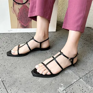 Bailamos 2023 Women Brand New Summer Sandals Flat Heel Beach Shoes Narrow Band Ladies Candy Color Gladiator Sandal Dress Slides