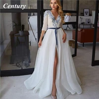 simple blue prom gown long puff sleeves prom dresses tulle appliques lace evening dress slit a line formal wedding party gowns