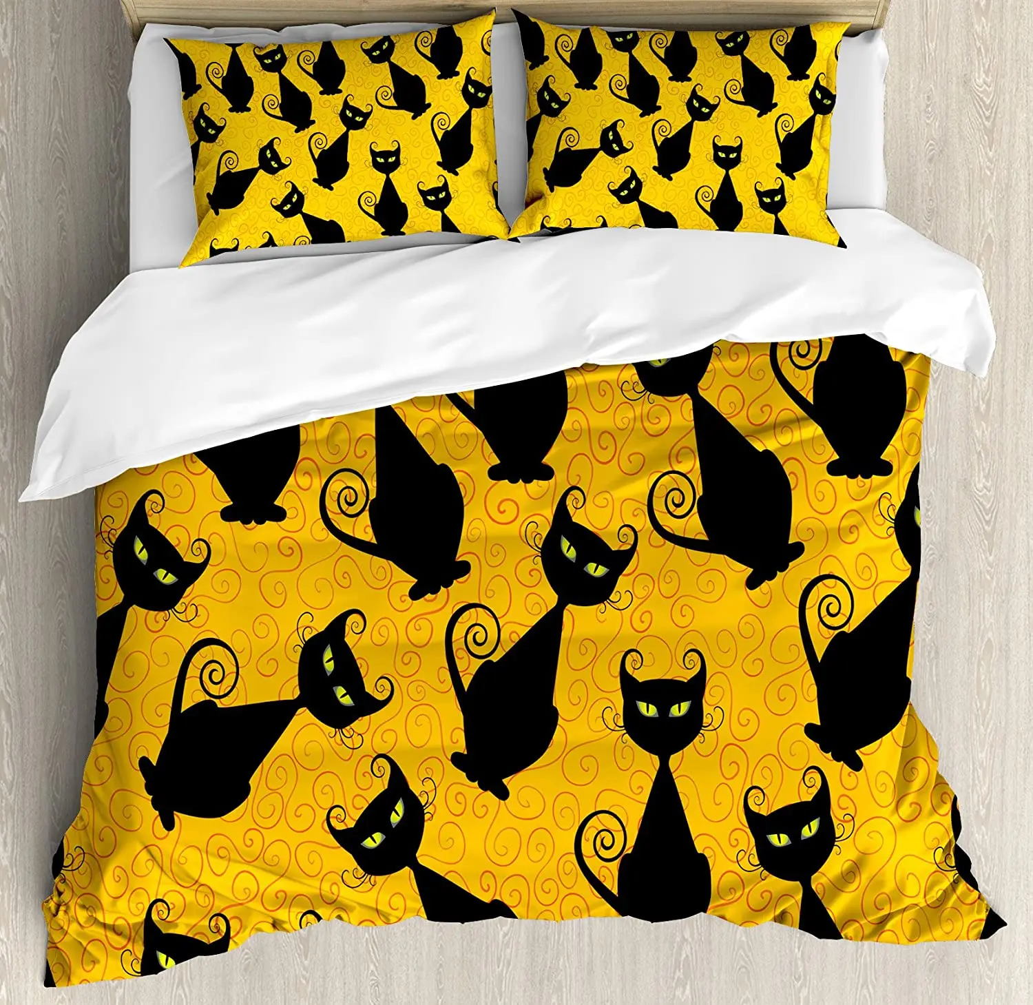 

Vintage Decor Bedding Set For Home Double Bed Black Cat Pattern on Orange Background Halloween Witch Pet Graphic Duvet Cover Set
