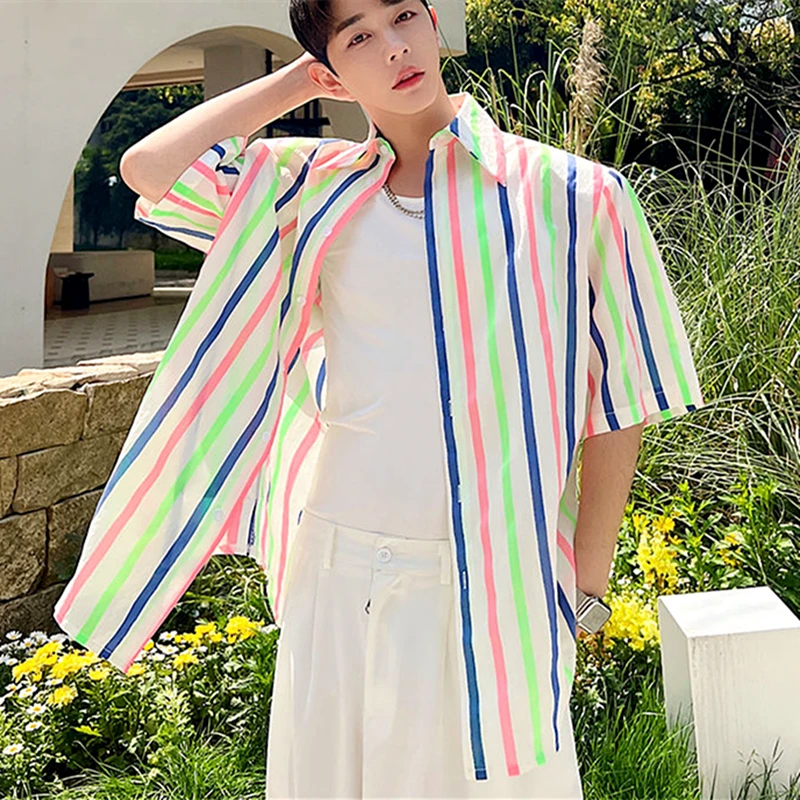 

Ins Rainbow Vertical Striped Men Women Shirts Oversized Button Up Shirt Cool Summer Beach Hawaiian Plus Size Korean Fashion Tops