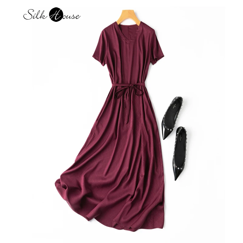 

2022 Women's Fashion New Style Luxury Quality 93%Natural Mulberry Silk 20MM Heavy Silk Elastic Double Joe V-neck Plaid Dress