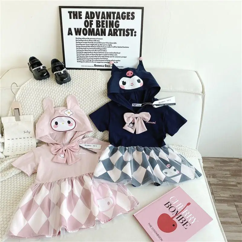 

Kawaii Sanrios Kuromi My Melody Summer Girl's Dress Three-Dimensional Cartoon Hooded Short-Sleeved Rhombic Mesh Princess Dress