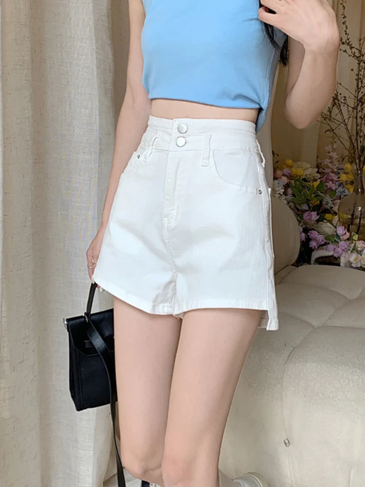 New Streetwear Female Wide Leg Asymmetrical High Waist Blue Denim Shorts Summer Women Loose Button Jeans Shorts