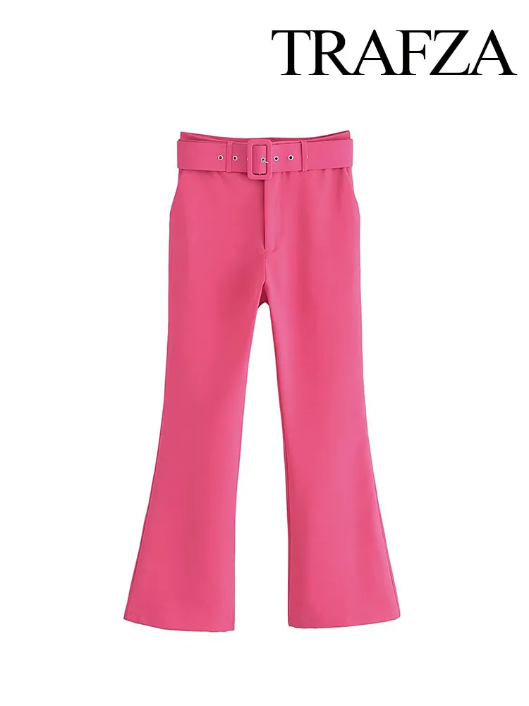 

Женские расклешенные брюки TRAFZA, розовые брюки до щиколотки с высокой талией, поясом и молнией, 2023