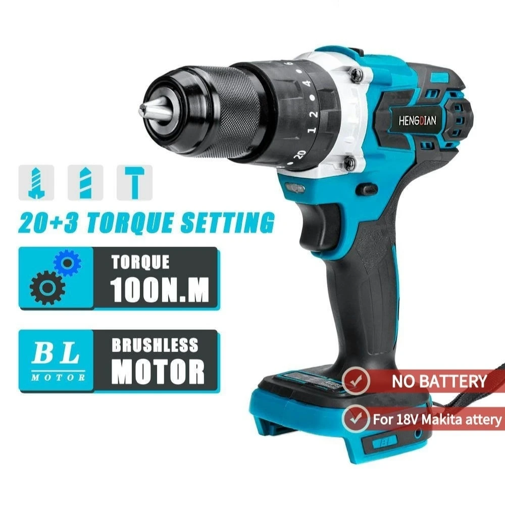 

3 In 1 2 Speed 13mm Brushless Electric Drill Hammer Screwdriver 20+3 Torque Impact Drill Tools for Makita 18V Battery