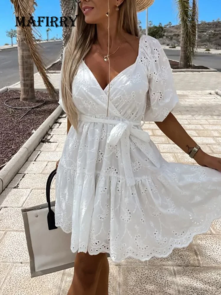 

Summer Femme Elegant Solid Cute Mini Dress Hollow Out V Neck Women Short Sleeve Dress Casual Loose Chic Patchwork Holiday Dress