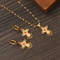 24k gold fashion charm jewelry red stone jesus cross set for women necklace earring party christians girls brithday wedding gift