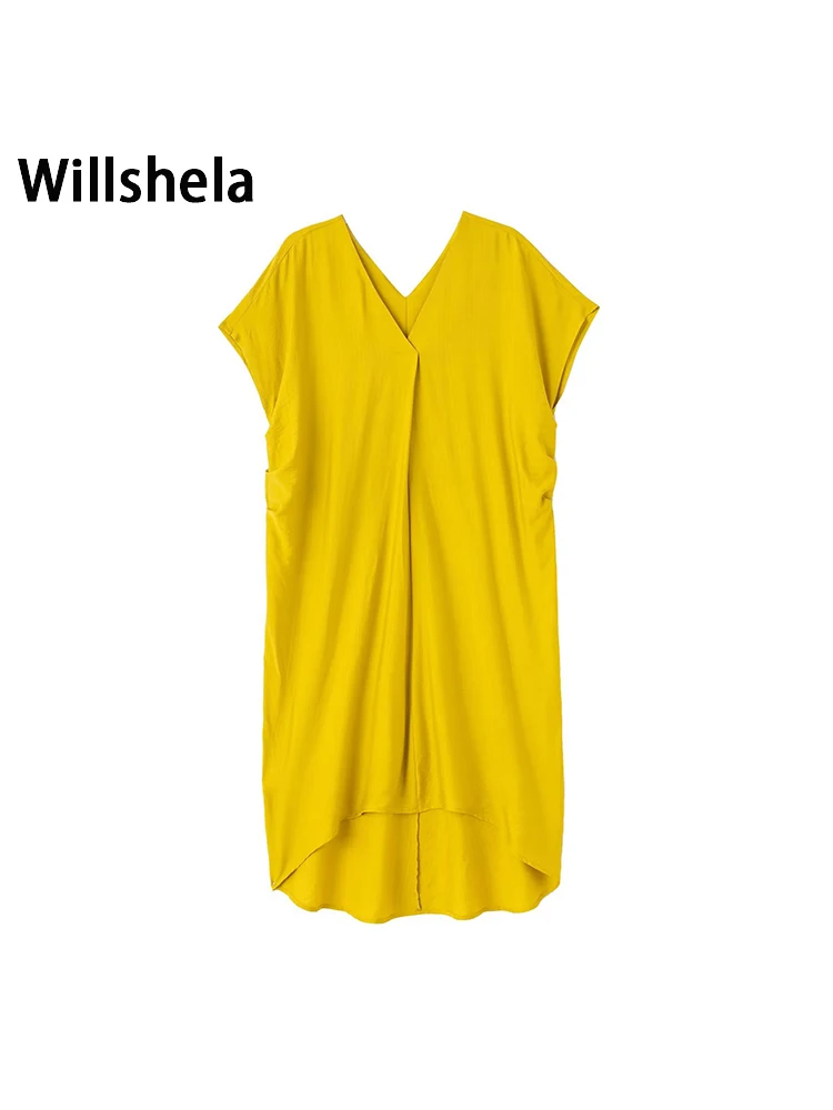 

Willshela женское модное однотонное платье-рубашка средней длины винтажные женские шикарные платья без рукавов с V-образным вырезом