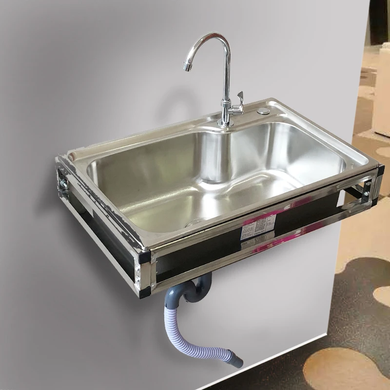 

68x44cm Kitchen 304 Simple Single Sink Stainless Steel Sink with Wall Tripod Washing Basin Wall-Mounted Basin Bracket