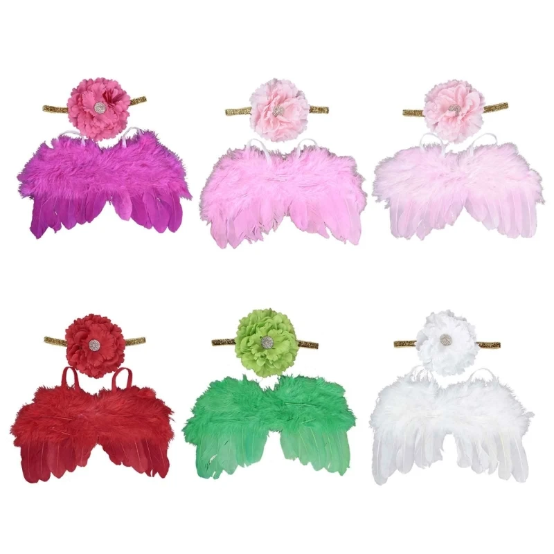

67JC Infant Photography Props Angel Wings & Flower Headband Skin Friendly Outfit Baby Newborns Photo Shooting Props Clothes