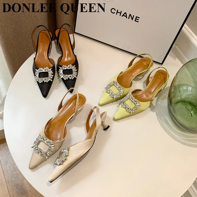 

Diamond Women Sandal Elegant Low Heel Pointed Toe Slingback Pumps Lady Shoes Fashion Brand Rhinestone Crystal Party Wedding Mule