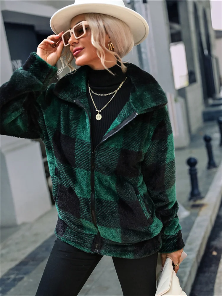 American Autumn and Winter Women's Long Sleeve Stand Collar Plaid Regular Medium Long Comfortable Casual Plush Zipper Fur Coat