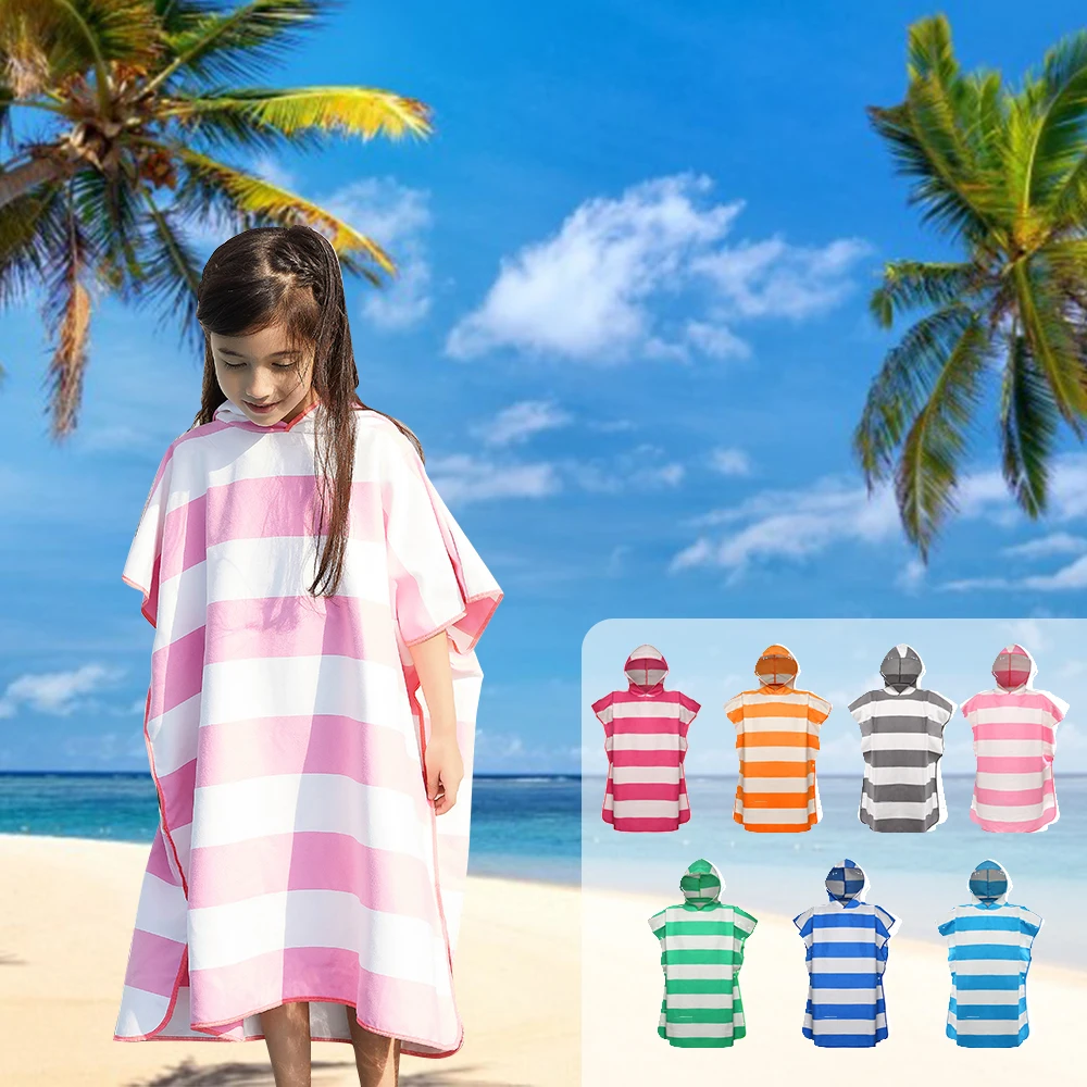 Stripe Printied Microfiber Beach Towel Kids Changing Robe Poncho Lightweight Quick Dry Hooded Bathrobe for Surf Beach Swimmers