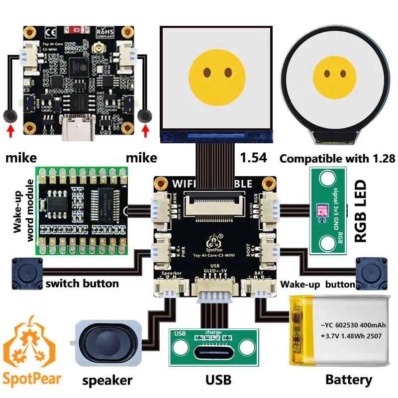 Фото ESP32 C3 голосовой робот мини-макетная плата AI DeepSeek игрушка кукла Core 1,28 дюйма 1,54 дюйма ЖК-дисплей для Xiao Zhi №1